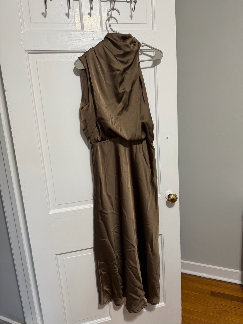 Hello Molly Sleeveless Satin Maxi Dress in Chocolate Brown
